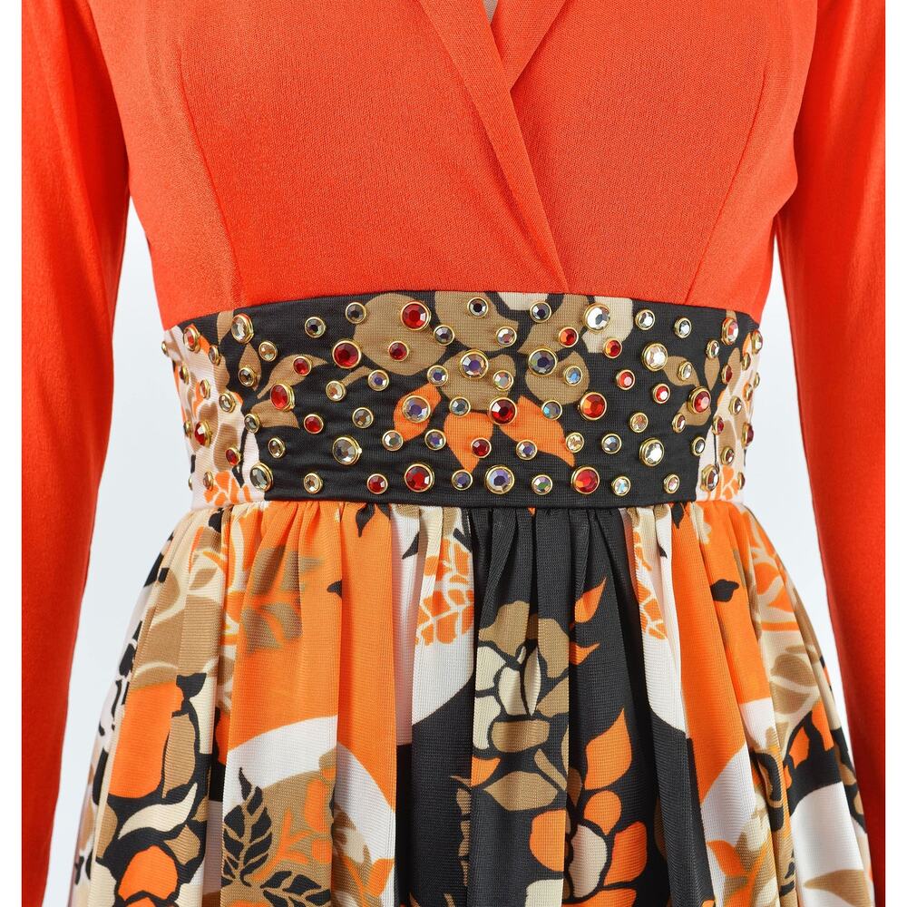 Vintage 70s Orange Floral Rhinestone Evening Gown Psychedelic Party Maxi Dress - Picture 5 of 8
